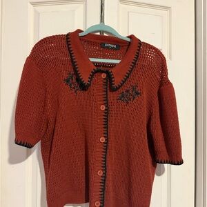 Disturbia Saffron and Black Knit Embroidered Scallop Collar Cardigan